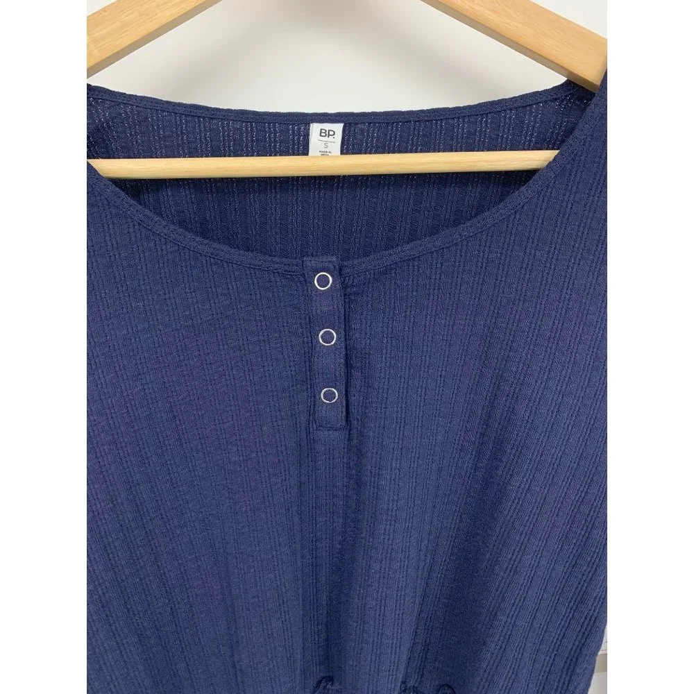 BP Navy Long Sleeve Ribbed Henley Crop Top NEW WITH TAGS